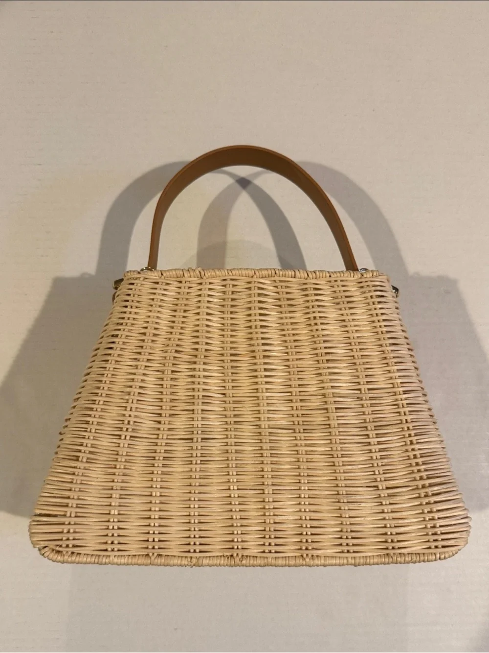 Woven Straw Handbag with Brown Leather Handles - Picture 1 of 3